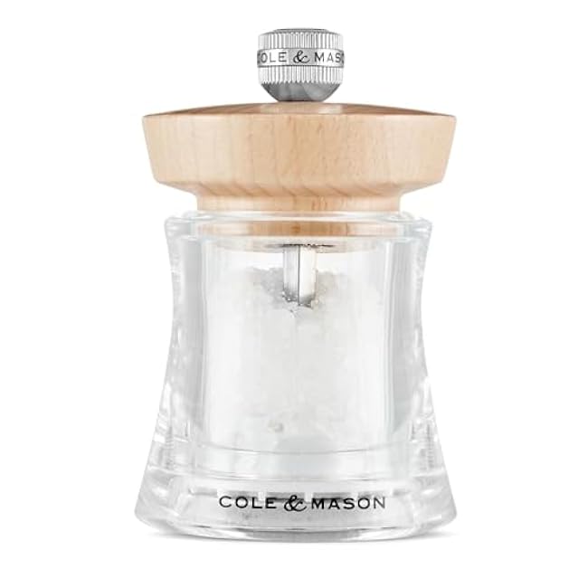 Cole & Mason Holborn Acrylic - Compact Hand Grinder - Acrylic Kitchen Tool with Adjustable Grind Setting - Easy-to-Clean Grinder with Premium Design - Natural Beech Salt Mill, 3.75
