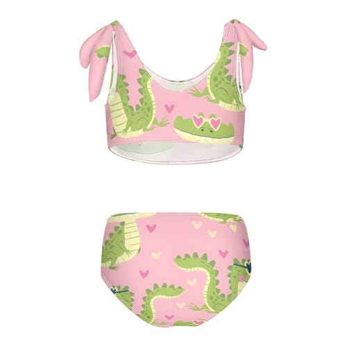 Girls' Bikini Set, Alligator Crocodiles Heart Glasses Pink Kids Swimsuit 2 Pcs Beach Bathing Suit2