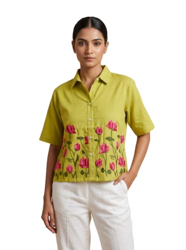 Image of Stylish Women's Embroidered Shirts | Geometric Pattern Half Sleeve Collared Button-Up Casual Shirt for Women