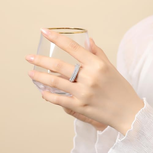 4CT moissanite wedding bands for women, Elegant Multi Layered Round Design Fancy 3 Row Eternity Ring, D color VVS1 S925 Sterling Silver Plated 18k White Gold Wedding Promise Anniversary Engagement Ring(7)4