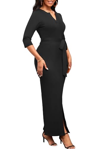 Image of Nmoder Long Maxi Dress for Women, Pencil Church Bodycon Dress Front Split | 3 /4 sleeve v neck, curvy tea party work semi formal cocktail funeral date bridesmaid dress, colorblock, m-3xl