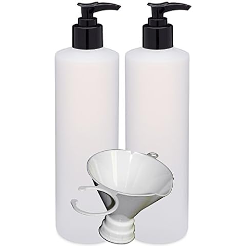 Earth's Essentials Two Pack Of Refillable 16 Oz. HDPE Plastic Pump Bottles With Patented Screw On Funnel-Great For Dispensing Lotions, Shampoos and Massage Oils. Cover