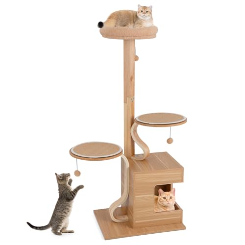 Tangkula Modern Cat Tree, 51 Inch Tall Cat Tower with Solid Wood Post, Curved Plywood Frame, Cat Condo, Perch, Washable Cushions, 4-Layer Cat Activity Center, Cat Tree for Indoor Cats Large Adult
