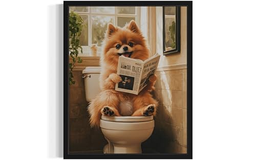 Image of Pomeranian on Toilet Black Framed Wall Art Print Poster, Dog Bathroom Humor Decor Posters Prints for Restroom Home Picture Painting Artwork Gallery 7 (Pomeranian, 14 inchL x 11 inchW, Black Frame)