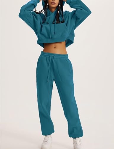 Flygo Womens Fleece 2 Piece Outfits Sweatsuit Crop Pullover Sweatshirt Joggers Pants Tracksuit Set