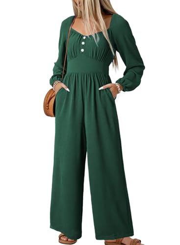 Dokotoo Jumpsuit for Womens Dressy Long Sleeve Rompers For Women 2026 Elastic Waisted One Piece V Neck Pockets Fashion Outfits Plus Size Jumpsuit For Curvy Women,Blackish Green Large
