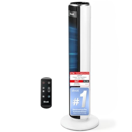 Levoit-Turmventilator mit Fortschrittlichem Schlafmodus-Ventilator leise 12Std Timer 4 Modi 5 Geschwindigkeiten-Automatikbetrieb mit Sensor-Oszillation Tower Fan mit Fernbedienung Weiß 92CM
