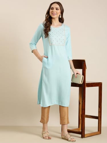 Image of SHOWOFFFF Women Solid Straight Ethnic Kurta | Round Neck 3 /4th Sleeves Cotton Kurta for Womens | Regular Fit Calf Length Kurta for Women's