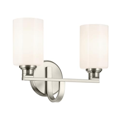 Image of Kichler Gioe 14.25 inch 2-Light Vanity Light with Opal Glass in Brushed Nickel, Damp Rated, for Bathroom, Powder Room, Over a Mirror, (14.25 inch W x 10.5 inch H), 55225NI