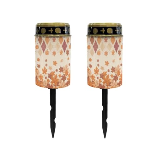 Image of Poceacles Solar Powered Flameless Candle Cemetery Votive Candles Waterproof Outdoor Memorial Solar Stake Lights Home Outdoor Decoration, Fall Maple Leaf Pumpkin Print, Pack of 2