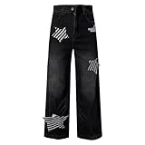 Pantalon large en jean de créateur offrant un style streetwear rétro avec son motif rayures et étoiles élégantes.