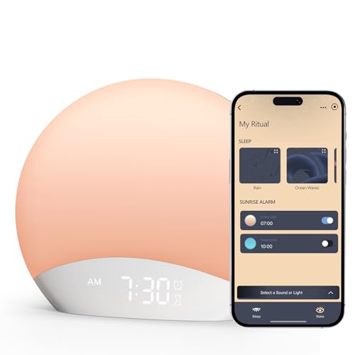 REACHER R7APP Smart Sunrise Alarm Clock with App Control, Custom Wake & Sleep Routines - Multi Sunrise Color, White Noise Sound Machine, Dimmable Display | Night Light, Screen-Free Sleep