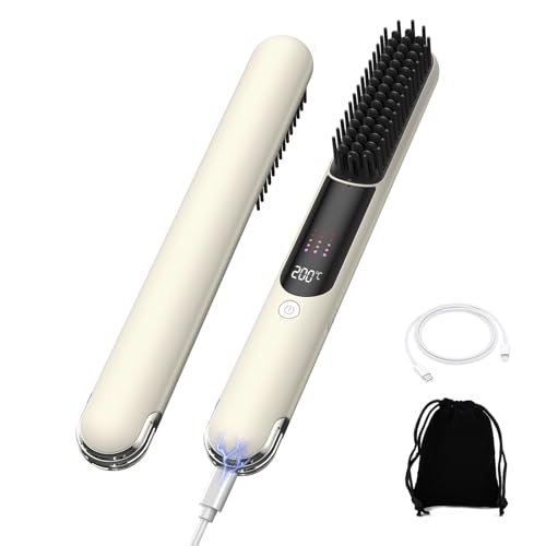 Image of UKLISS Cordless Hair Straightener Brush USB-C Rechargeable Portable Travel Hair Straightening Comb with Ionic Ceramic Technology Anti-Frizz Heated Brush 4 Temperature Settings for Smooth Hair Styling