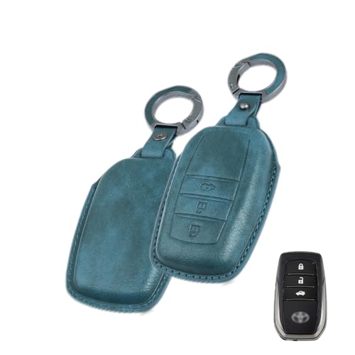 Image of Keyzone Vintage Leather Key Cover for Toyota Fortuner, Legender, Land Cruiser, Innova HyCros, 3 Button Smart Key (VL-Blue)