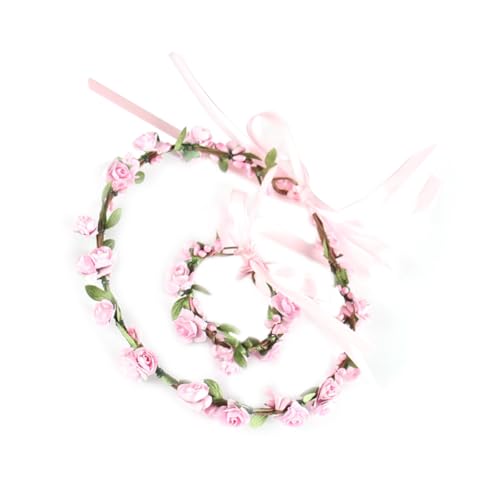 BESPORTBLE Tocado y Pulsera de Flores Artificiales Rosa, Aro Cabello y Muñeca, Accesorio Ligero para Fiestas y Carnaval, Complemento Floral para Mujer, Tocado para Evento al Aire Libre