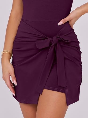 Image of Caracilia Women Summer Sleeveless Bodycon Tie Cinched Waist Romper Skort Mini Dress Built in Shorts Night Out Vacation Dress