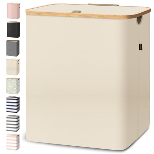 Image of BALEINE Laundry Hamper with Lid, Tall Laundry Baskets with Bamboo Pull Handles, Large Laundry Bin with Internal Support (36 Gal /140L, Beige)