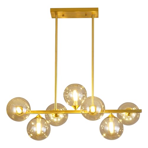 Pobllem Dining Room Light Fixture Over Table, 7-Light Gold Kitchen Island Lighting with Amber Glass...