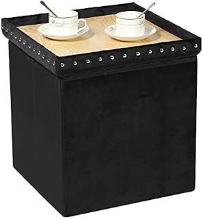 Bonlife Velvet Folding Ottoman Storage with Lid,Cube Storage Boxes with Coffee Table,Footstool Seat for Living Room,Black,40x40x40cm