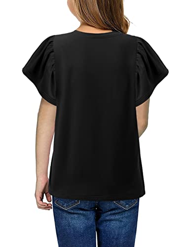 Yoklass Girls Short Ruffle Sleeve Shirts Sunmer Cute Tunic Tops Casual Loose Soft Plain Blouse Black Shirt For Teen Girls Size 8 #TOP2