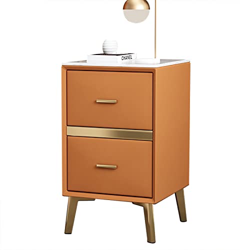TPARIS Estrecha Mesitas De Noche De Cuero Microfibra con 2 Cajones Almacenamiento|Mesa Auxiliar con Encimera De Piedra Sinterizada para Espacios Pequeños,Naranja,50x35x55cm (19.6x13.7x21.6in)