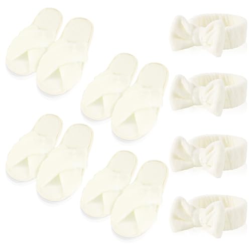 4 Bridesmaid Gifts Set – 4 Pairs Fuzzy Cross Band Slippers + 4 Spa Makeup Headbands, Perfect for Bachelorette Party & Bridesmaid Gifts (White