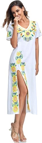 Image of YZXDORWJ Women Mexican Embroidered Dress V Neck Sexy Maxi Short Sleeve Casual Beach Split Dress