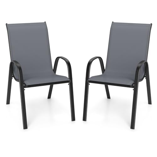 Image of Giantex Patio Chairs Set of 2, Stackable Outdoor Dining Chairs with Breathable & Quick-Dry Fabric & Armrests for All Weather, Lawn, Backyard, Poolside,Porch, Deck, 330 LBS Capacity (Grey)