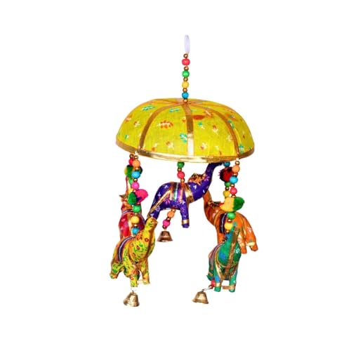 Image of Rajasthani Multicolor Elephants Jhoomer with Bell - Decorative Wind Chimes for Door & Wall Hanging, Ideal Home Decor & Gift Showpiece (Yellow)