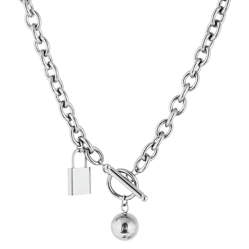 necklace For Men Women, 925 Sterling Silver Hip Hop Cuban Link T Bar Toggle Clasp Long Chain Pendant Charm Choker Lock And Key Necklace necklace