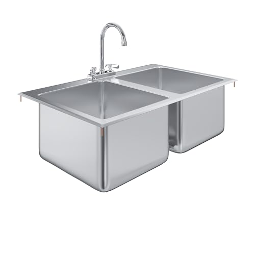 Image of Stainless Steel 2 Compartment Drop-In Sink. Bowl 14 in. x 16 in. x 10 in. With Faucet.