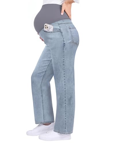 GRAPENT Pregnant Outfits for Women Straight Leg Maternity Jeans Pregnant Jeans for Women Roadknight Blue Large US Size 12-14