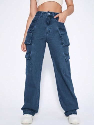 Image of Ben Martin Women's High Rise Cargo Pants || Denim Cargo's Pants || Oversized-Jeans|| Loose Jeans Pant,S