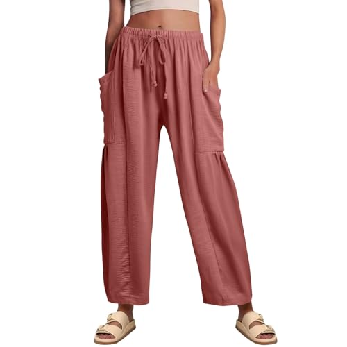 Linen Pants Women Casual Drawstring Cropped Barrel Palazzo Harem Pants with Pockets Flowy Boho Beach Lounge Pant3