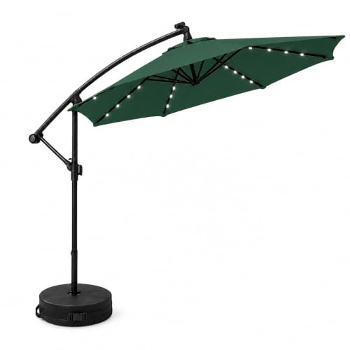 Image of Samuel ALEXANDER 3m Solar Powered Cantilever Lit Banana Garden Parasol with Crank Handle & White LED Lights in Green with Base Bag Included - Outdoor Sun Shade Umbrella with Steel Frame