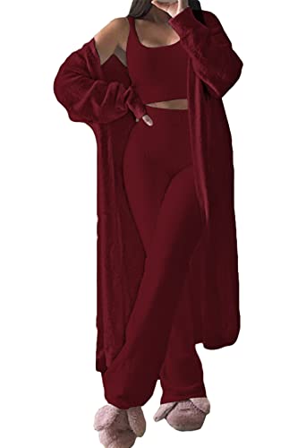 Fixmatti Women Fuzzy 3 Piece Cozy Outfits Wide Leg Pant Set Christmas Pjs Party Loungewear Ruby M
