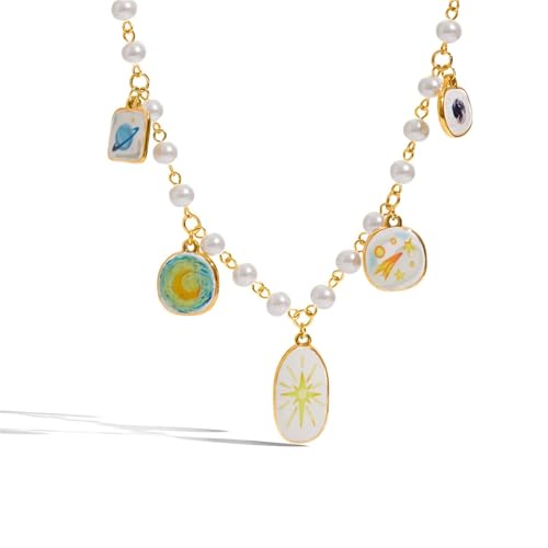 Collier perles de verre goutte d'huile acier inoxydable tendance femme