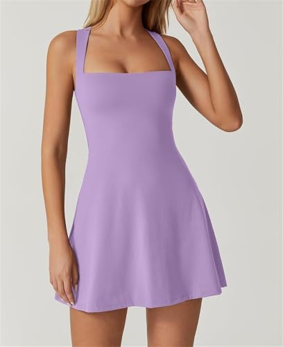 LLECDASEUI Square Neck Tennis Dress for Women Sleeveless Stretchy Golf Sporty Mini Dresses Sexy Exercise Dresses with Built-in Shorts, purple, L - Image 3