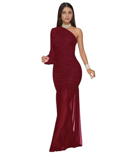 Image of Jigfar Women Sexy Elegant Sheer Mesh One Shoulder Ruched Single Sleeve Bodycon Formal Party Night Maxi Dress(6016,Wine Red,M)