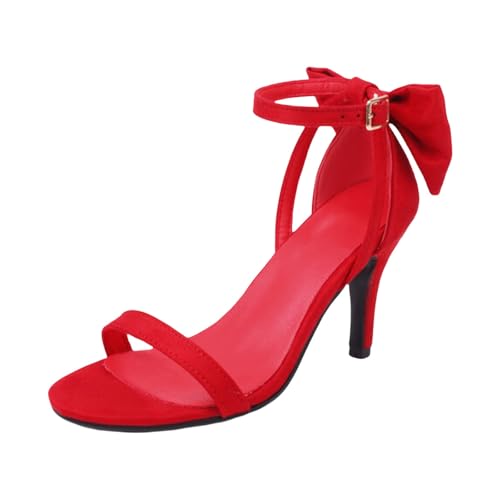Pumps damsandaler med klack, enfärgad stilett höga klackar sandaler med fjäril klackskor eleganta ankelremmar spänne aftonskor öppen tå rempumps bröllopsskor, röd, 44 EU