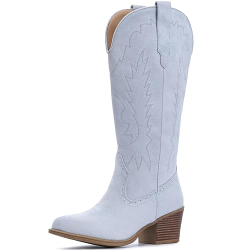 Image of IUV Suede Cowboy Boots For Women Chunky Heel Pointed Toe Cowgirl Boots