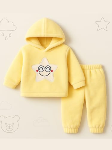 Image of Bold N Elegant Unisex Kids Fleece Printed Smiling Star Warm Fur Pullover Sweatshirt Hoodie Tshirt and Jogger Pant Winter Clothing Set Dress