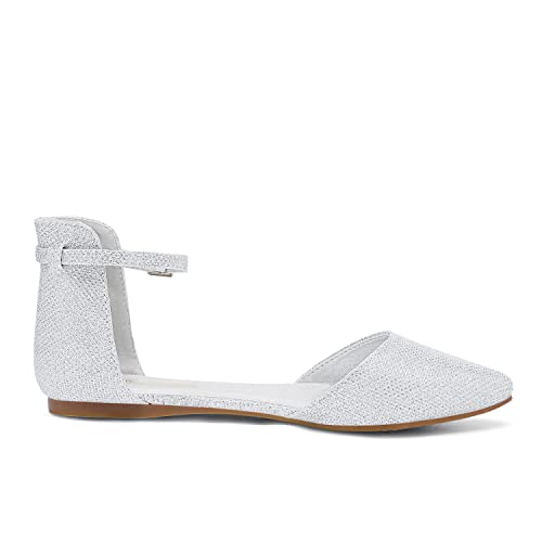 DREAM PAIRS DREAM PAIRS Women's Pointed Toe Dress Flats Ankle Strap D'Orsay Ballet Comfort Slip On Casual Flat Shoes for Wedding Work Office Business,Size 8.5,All Silver,Flapointed