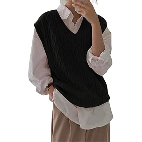 Women's V Neck Sweater Vest Oversized Sleeveless Loose Knit Tops Cable Sleeveless Sweater Black Cover