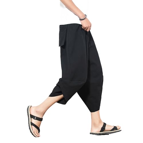 PRIJOUHE Men's Harem Capri Pants, Wide Leg Mens Capris, Summer Linen Pants Black by PRIJOUHE - Used condition - Image 4