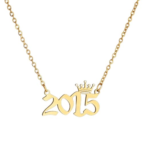 MICOMAKA Birth Year Number with Crown Necklace,Old English, Memorable Anniversary Jewelry for Women Girls, Personalized Birthday Jewelry 18K Real Gold Stainless Steel Pendant (Gold,2015)