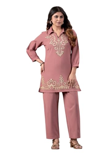 Image of Fashion Kurta Sets for Women | Co Ord Sets Stylish | Kurti Sets for Women | Short Kurti | Ethnic Embroidered Straight Kurta Sets with Pants Suits