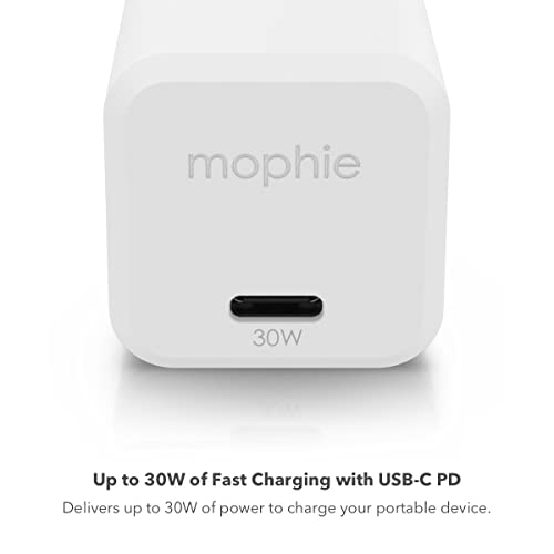 mophie speedport 30-30W USB-C GaN Fast Wall Charger for Phones, Tablets, and Laptops, Compact & Foldable Plug Design, Sustainable Material, White