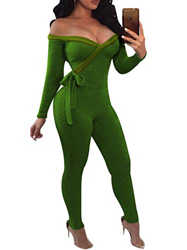 IyMoo Women Off Shoulder V Neck Long Sleeve Waisted Long Jumpsuit Romper Green L