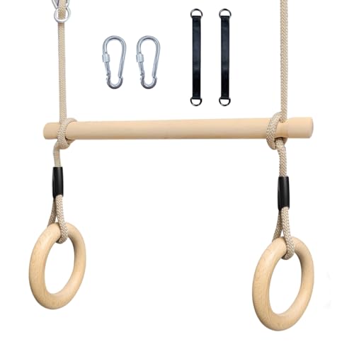 ROPECUBE Wood Trapeze Swing Bar with Gymnastic Rings，Warrior Accessories for Obstacle Course Monkey Bars for Indoor Outdoor Garden，Backyard, Playground, Playroom（Light Brown）